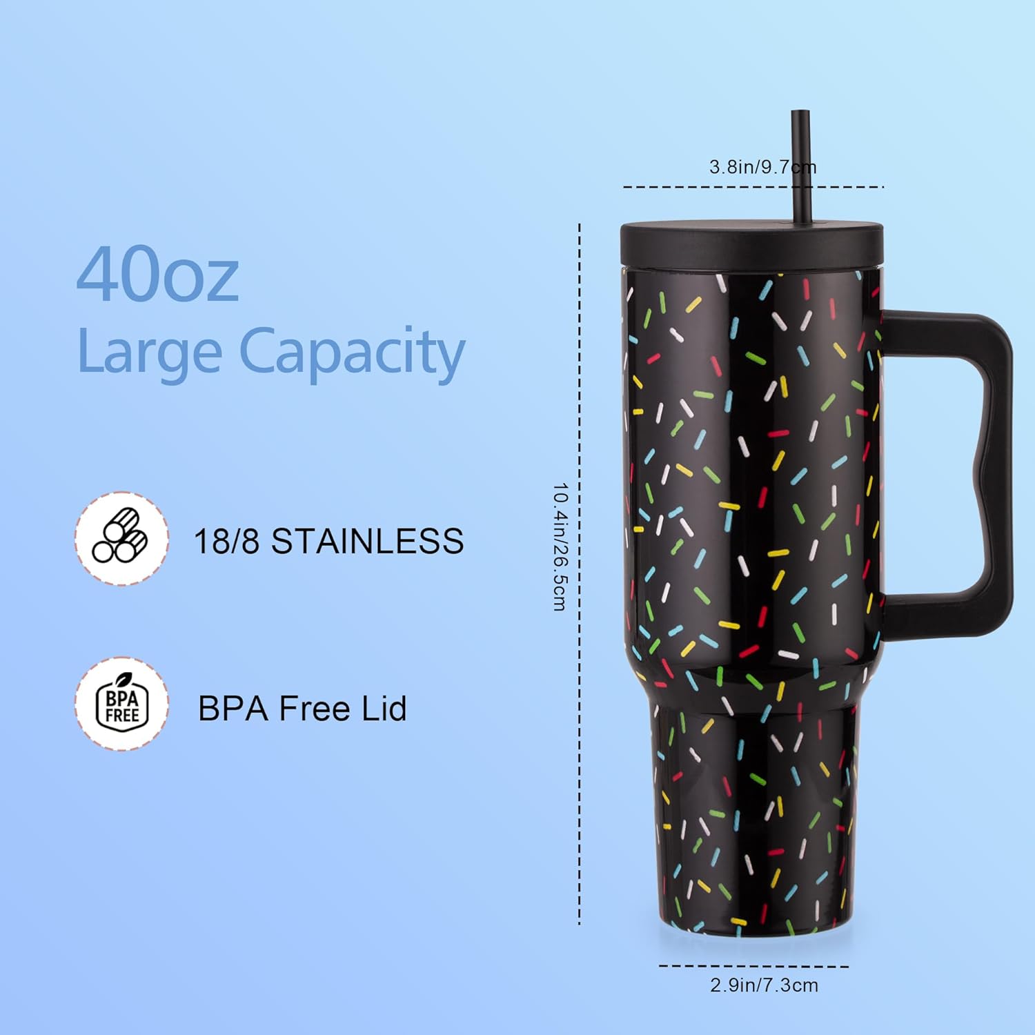 40 oz Colored Confetti Tumbler with Handle and Straw