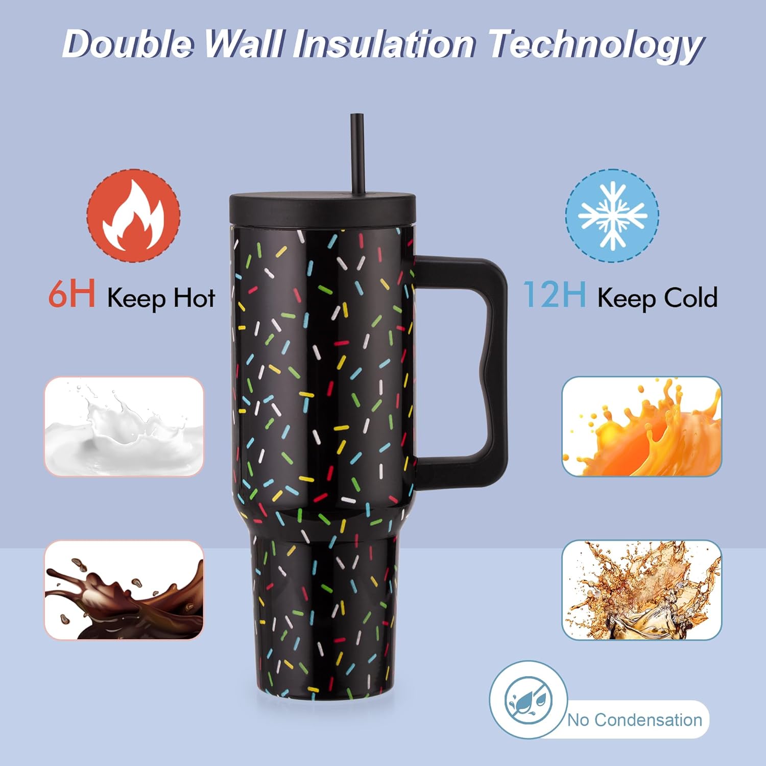 40 oz Colored Confetti Tumbler with Handle and Straw