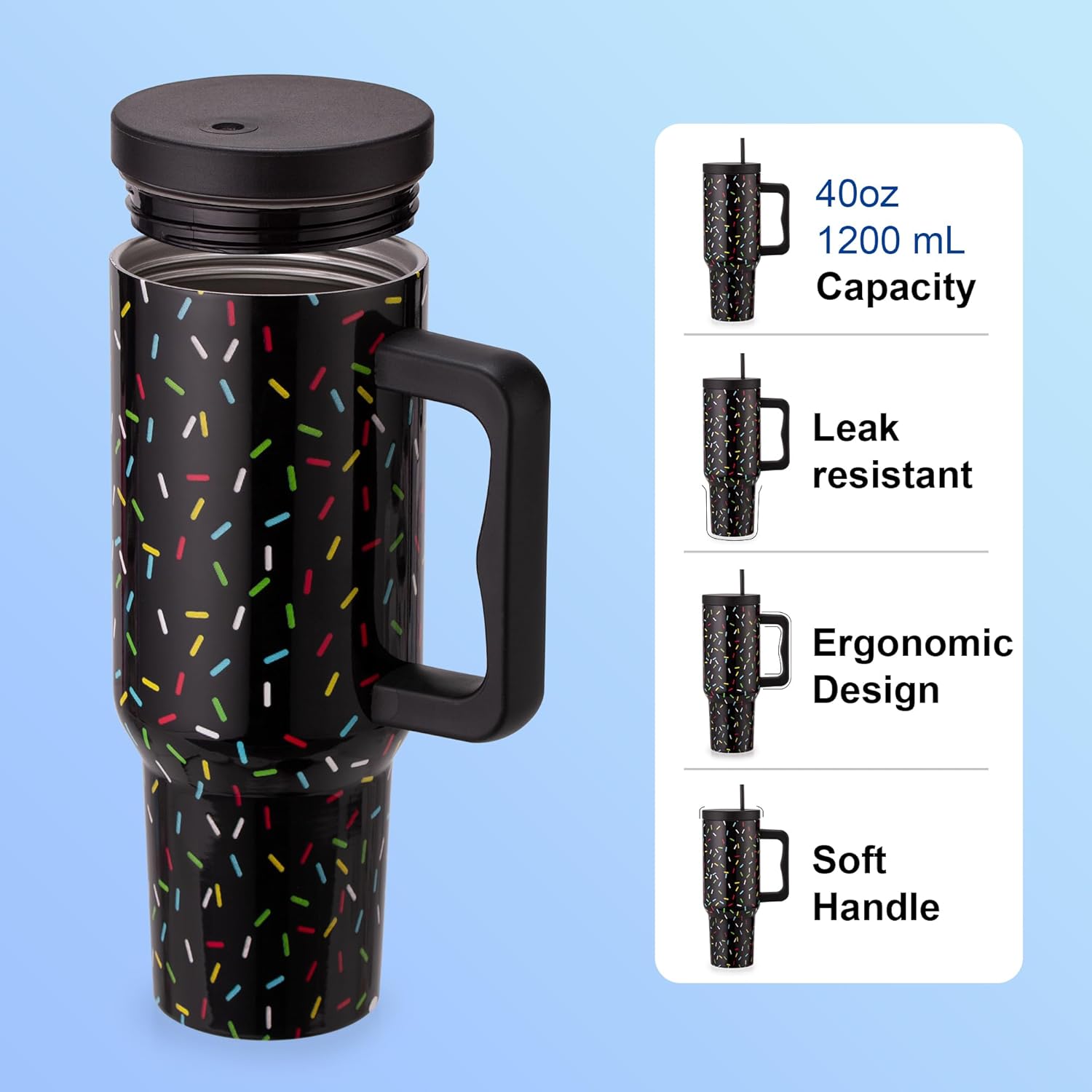 40 oz Colored Confetti Tumbler with Handle and Straw